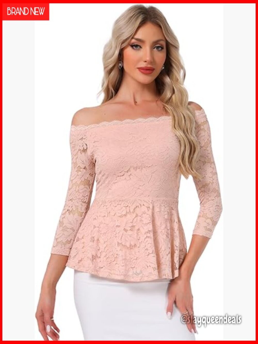 Lace Blouse Off Shoulder Peplum Top 3/4 Sleeve Semi Sheer